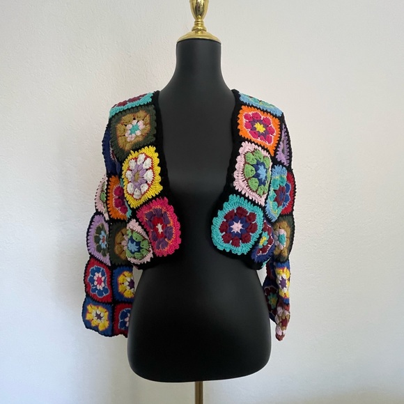 EUC Wild Orange Tree Crochet Granny Square Cardigan Sweater Boho - Picture 2 of 11